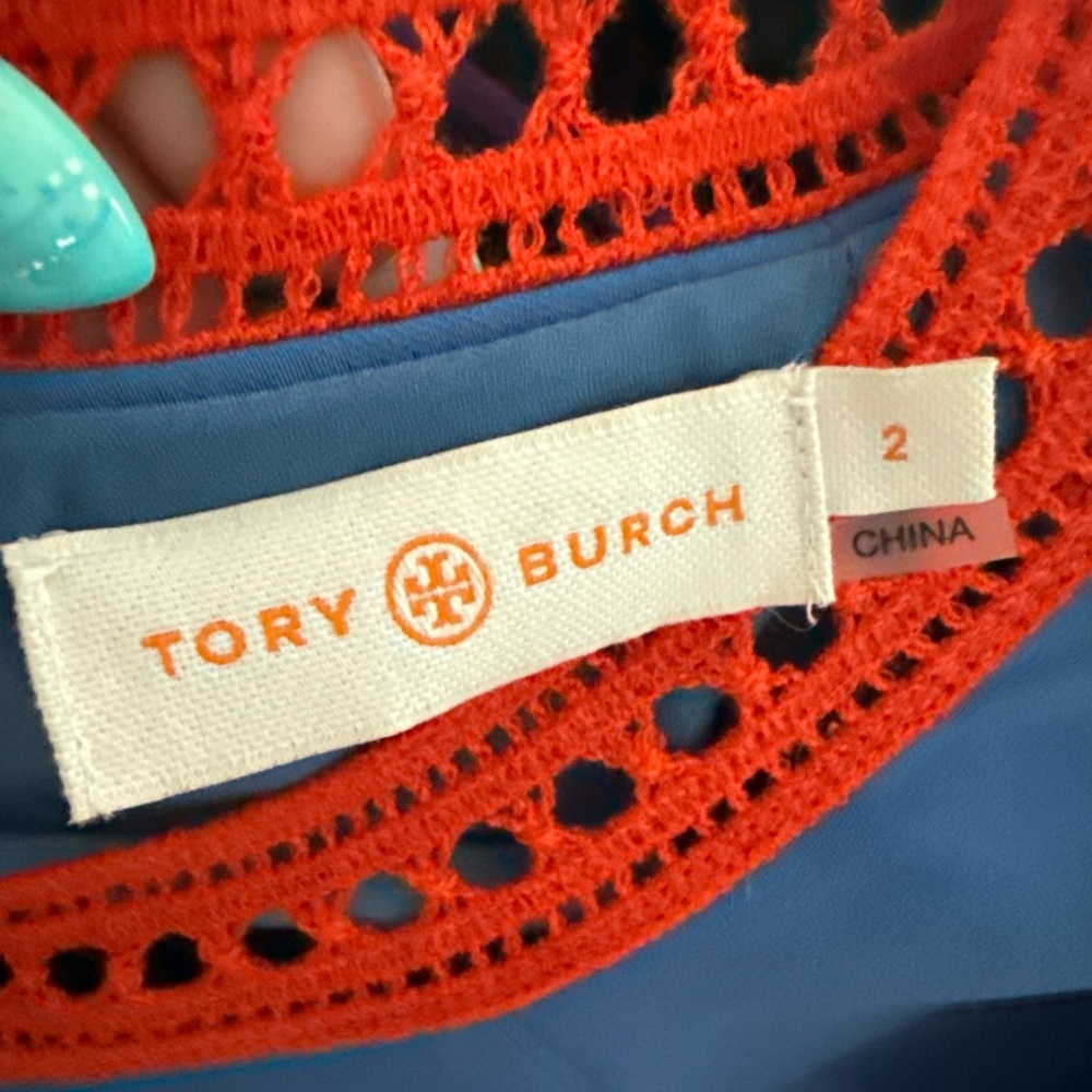 Tory Burch Marissa Runway Blue & Redish Orange Lace Shift Dress Size 2 💙 - Picture 12 of 14